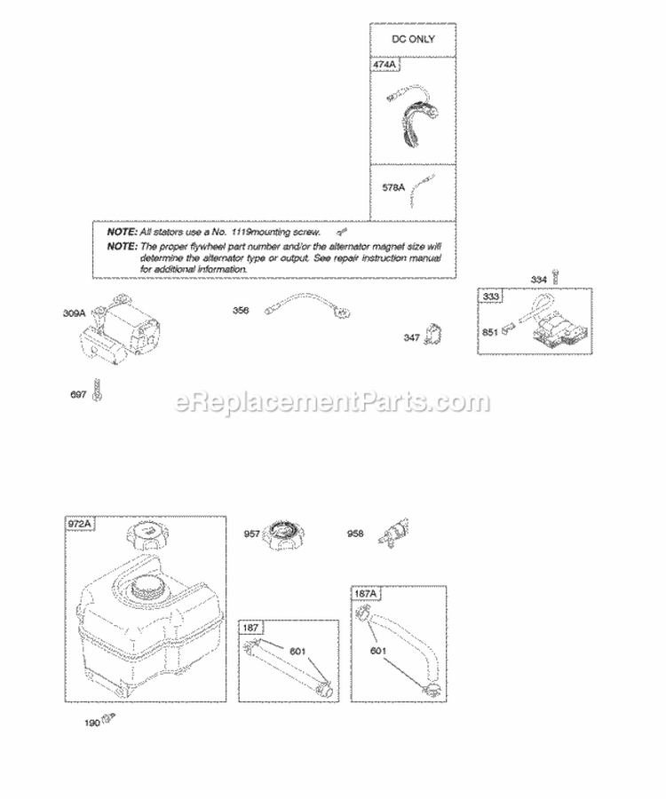 Alternator Electric Starter Fuel Supply Ignition Diagram and Parts List for 20X314-0110-E1  Briggs and Stratton Engine